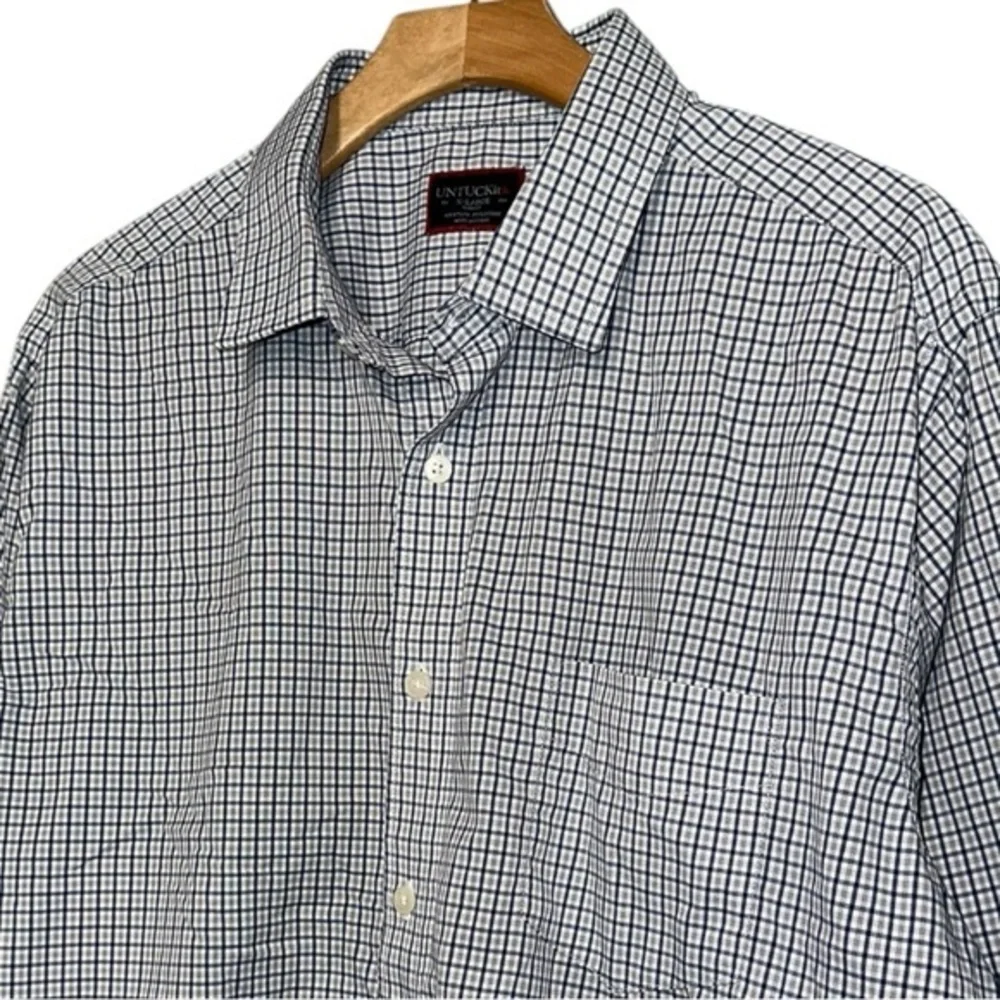 UNTuckit Men’s Size XL White Blue Tan Checkered Long Sleeve Button Down Shirt